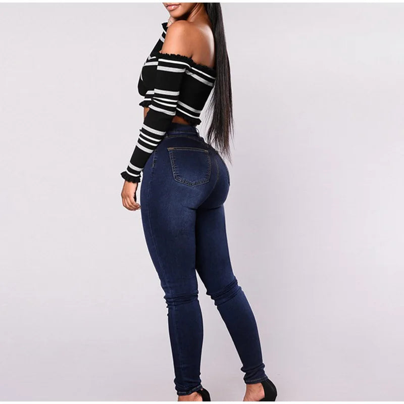 Sexy Stretchy Jeans Women High-waisted Double Breasted Slim Denim Pants Elastic Waist Female Fashion Tight Skinny Denim Trousers