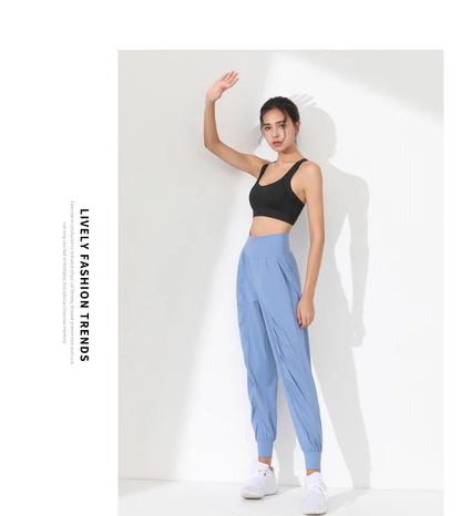 Woman Yoga Pants Hem Bound Running Fitness Loose Slim Quick-Dry Yoga Pants Pleated  Capris Pockets Jogging Pants Sports pants