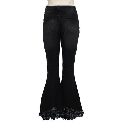 Jeans Women Long Pants Flare Pant Slim Fit Bodycon Y2k Streetwear Casual Elegant Splice Denim Trousers Solid Hole High Waist