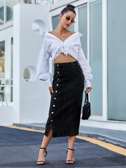 Women's Maxi Pencil Jean Skirt High Waisted A-Line Long Denim Skirts Ins Button Down Side Split Hem Stretch Blue Jean Skirt