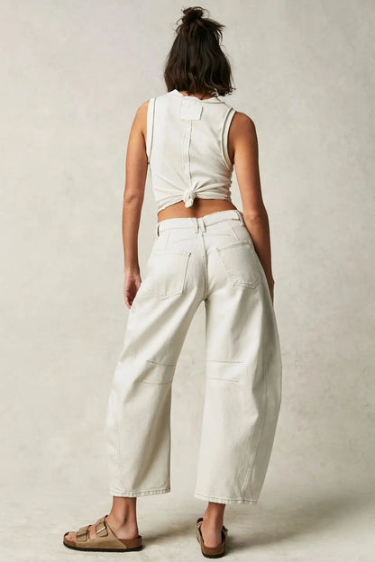 Cotton Denim Long Jeans For Women Trousers Casual  High Waisted Jeans Cropped Pants For Spring Summer Boho Beach Baggy Jeans