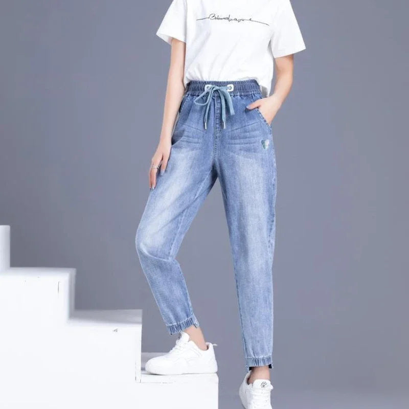 Womens Jeans Pants For Women With Pockets Blue Trousers High Waist Shot 2000s Y2k Wide Leg Xxl 90s Trend Unique Japanese Shiny