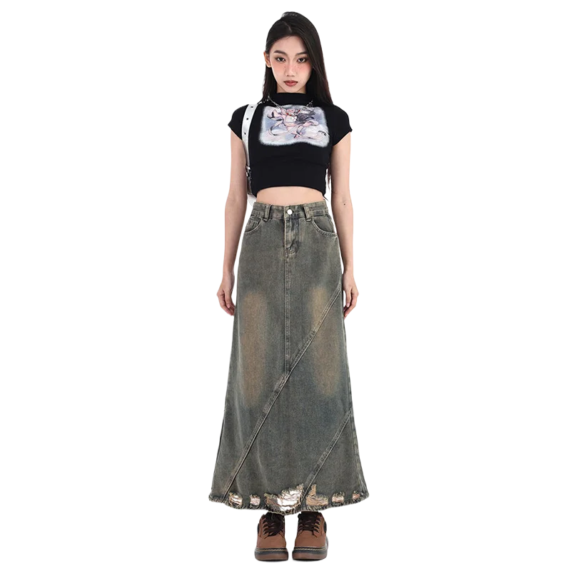Women Denim Skirt Y2k Emo 2000s Clothes Long Skirt Harajuku Korean 90s Fashion Vintage Gradient A-line Jean Skirt Grunge Clothes