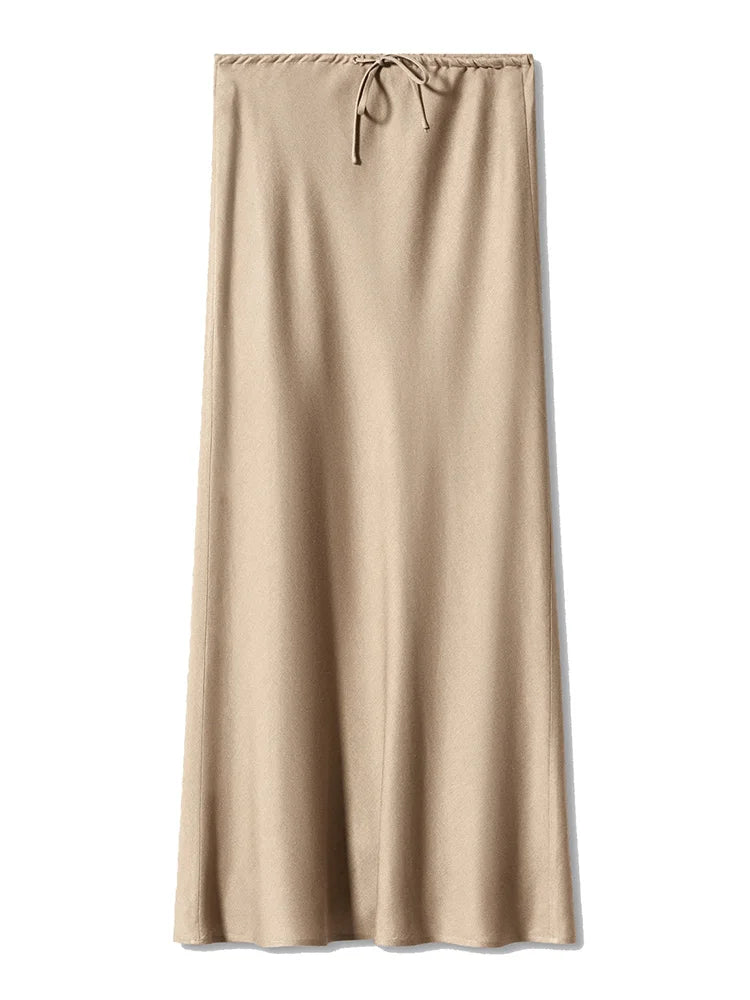 Long Black Satin Skirts Women For Work Summer Autumn Straight Brown Skirt Long Belt Coffee Formal Silk Maxi Skirt For Ladies