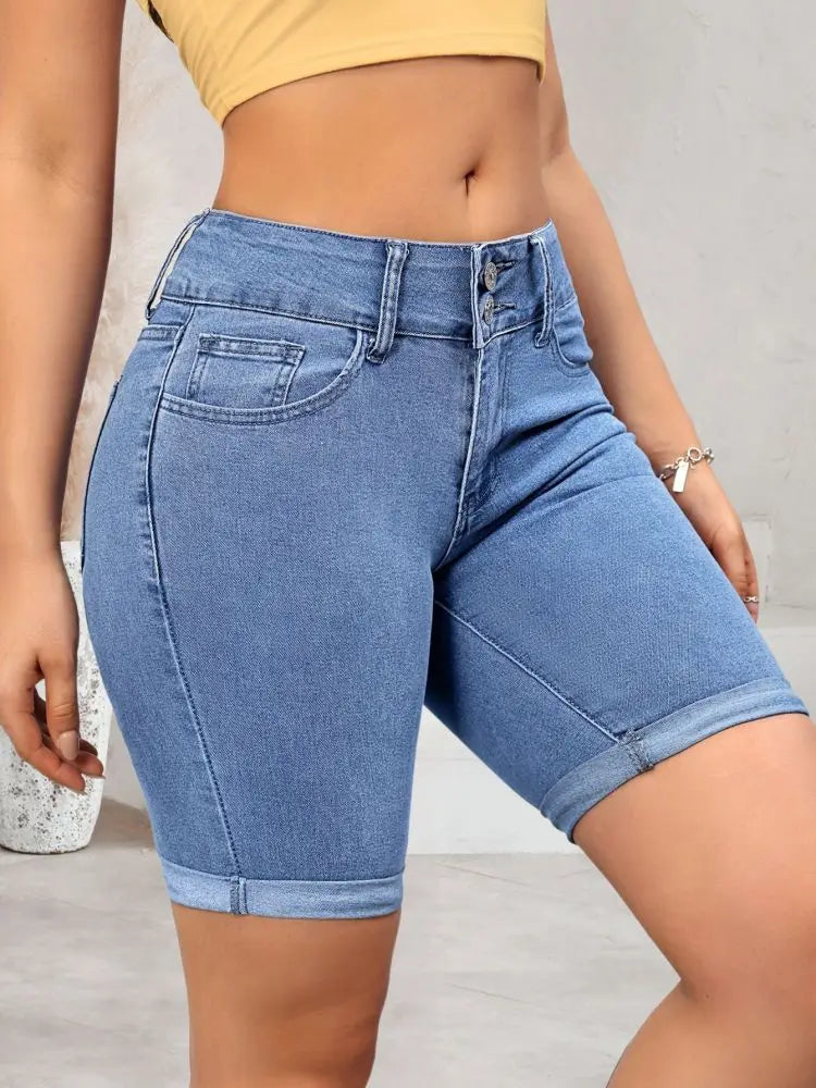 Blue elastic double-breasted fashion shorts jeans women's jeans