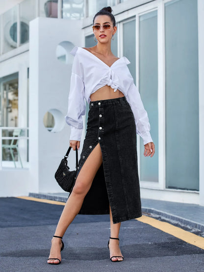 Women's Maxi Pencil Jean Skirt High Waisted A-Line Long Denim Skirts Ins Button Down Side Split Hem Stretch Blue Jean Skirt