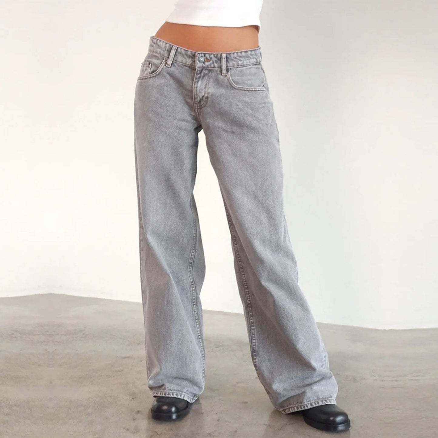 Retro Washed Jeans Women'S Design Sense Mid Waisted Straight-Leg Pants Loose Wide-Leg Mopping Pants Jeans Pants For Woman Jean