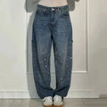 New Women Casual Hot Drilling Jeans Autumn Winter Cowboy Trousers High Waist Button Pockets Fashion Female Loose Straight Pants