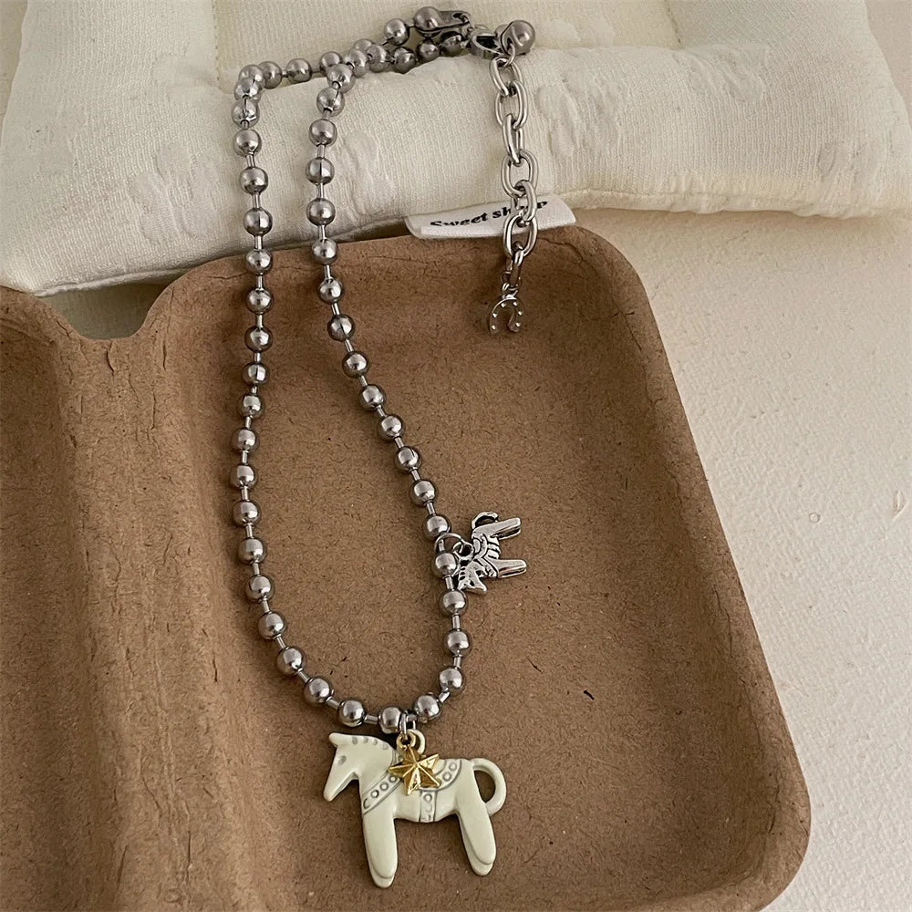 LATS White Black Green Blue Pink Color Enamel Colt Horse Pendant Necklaces for Women Silver Plated Alloy Beads Chain Chokers
