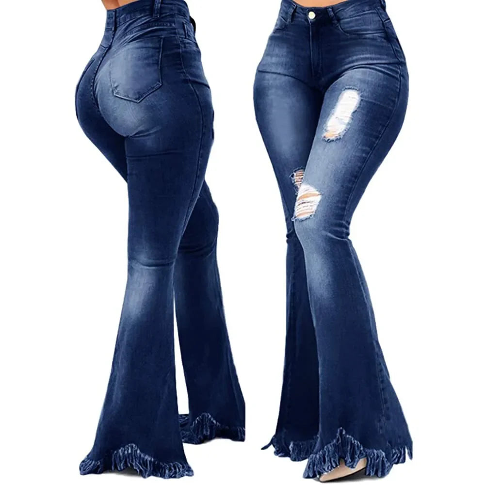 Jeans Women Long Pants Flare Pant Slim Fit Bodycon Y2k Streetwear Casual Elegant Splice Denim Trousers Solid Hole High Waist