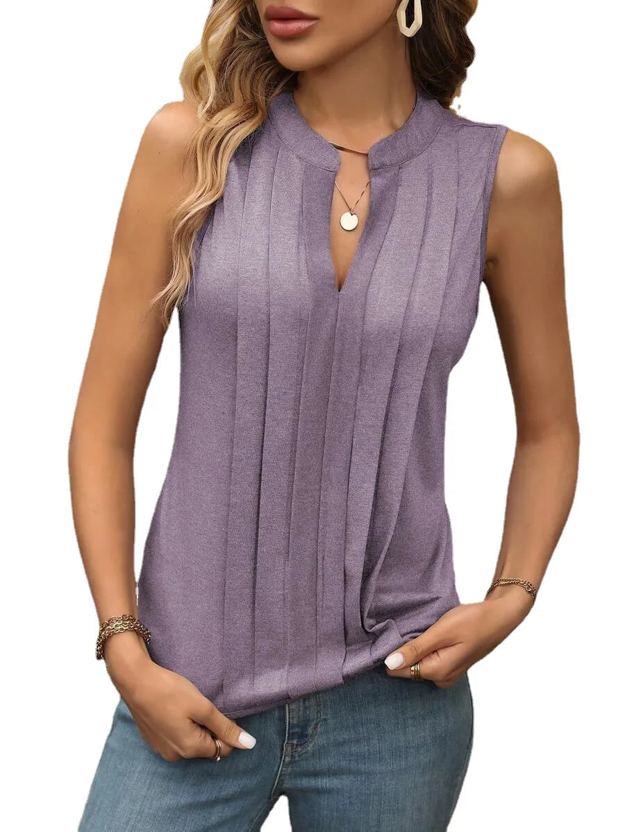 Women's Knitted Top Sleeveless T-shirt Summer New Fashion Style Elegant Pleated V-neck Tank Top Women's Top Tees Loewe Tank Top