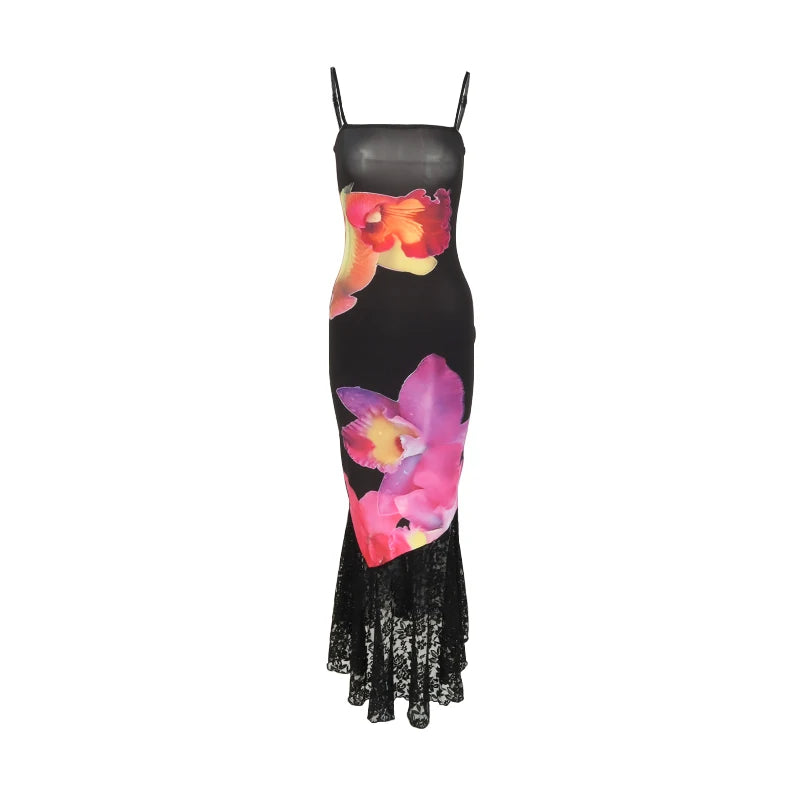Women's Dresses New Summer Sexy Black Lace Fashion Print Sleeveless Backless Strap Maxi Dress Casual Club Elegant Female Dresses