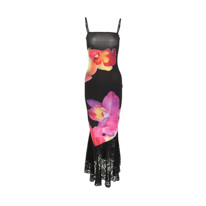 Women's Dresses New Summer Sexy Black Lace Fashion Print Sleeveless Backless Strap Maxi Dress Casual Club Elegant Female Dresses