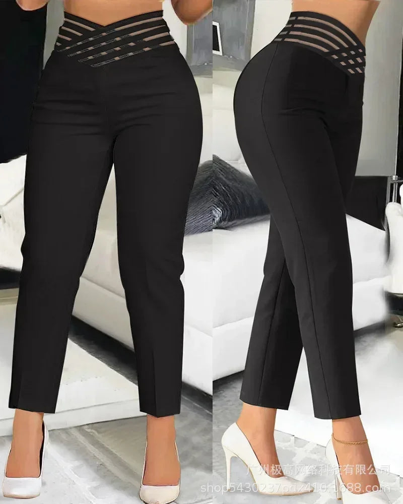 Houndstooth Print High Waist Work Pants Women Plaid Summer Spring Fashion Ankle Length Pants Office Lady