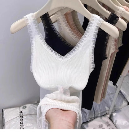 Women Summer Fashion Thin Knitted Undershirt Sleeveless Corset Top Half High Neck Comfortable Breathable Lace Tank Top 2025