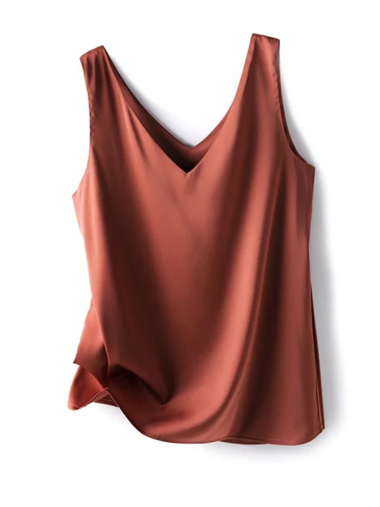Woman T-shirts Elegant SILK Satin Blouse Sleeveless Female Summer 2023 Casual Loose Tanks and Camis Solid Green Tops for Women