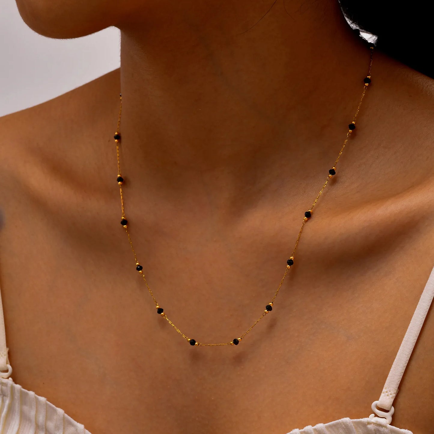 Bohemian Necklace Beaded Strap Chain Women Fashion Lanyard Neck Chain Jewelry Stainless Steel Green/Black Faceted Beads Necklace