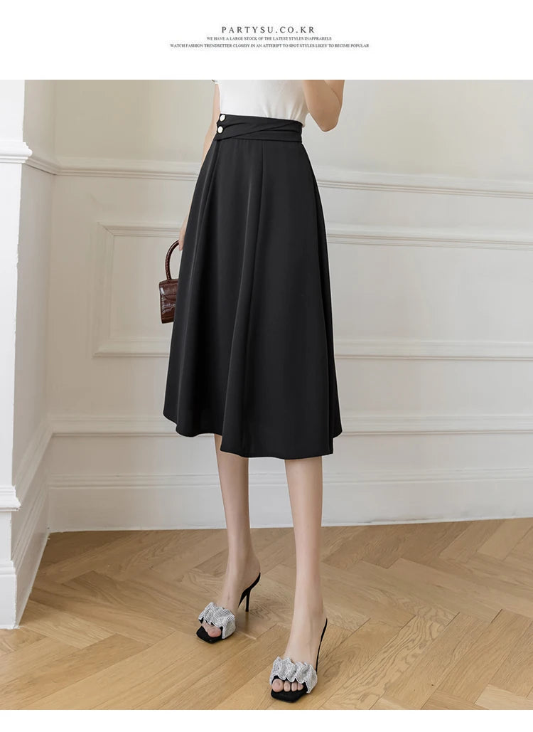 Women's Skirts High Waist Sweet Girl's Mid-calf Skirt Solid Skirts for Women Vintage Long Fashion 2023 Kawaii Summer Women Skirt