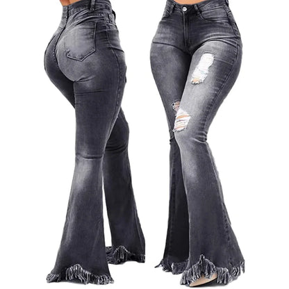Jeans Women Long Pants Flare Pant Slim Fit Bodycon Y2k Streetwear Casual Elegant Splice Denim Trousers Solid Hole High Waist
