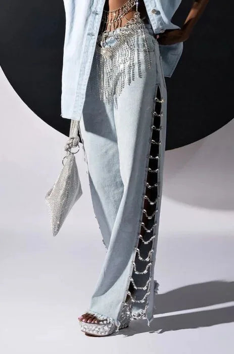 High Waist Ripped Jeans for Women Summer Thin Side Slit Pants Women Denim Long Jeans with Drill Chains Straight Wide-leg Jeans