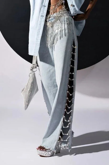High Waist Ripped Jeans for Women Summer Thin Side Slit Pants Women Denim Long Jeans with Drill Chains Straight Wide-leg Jeans
