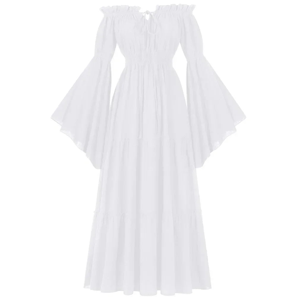 Women Renaissance Irish Dress Off Shoulder Medieval Peasant Dress Pirate Costume Wench Retro Gown Smocked Waist Maxi Long Dress