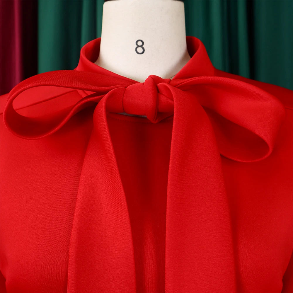 Elegant Dresses for Women Bow Collar Full Sleeve High Waisted A Line Mid Calf Luxury Female Birthday Party Dinner Vestidos Mujer