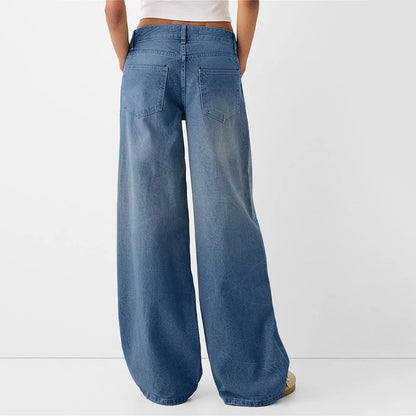 Women Fashion Denim Jeans Retro Ladies Loose Straight Pants Mid Waist Button Pocket Trousers Casual De Mujer Pantalon Femme