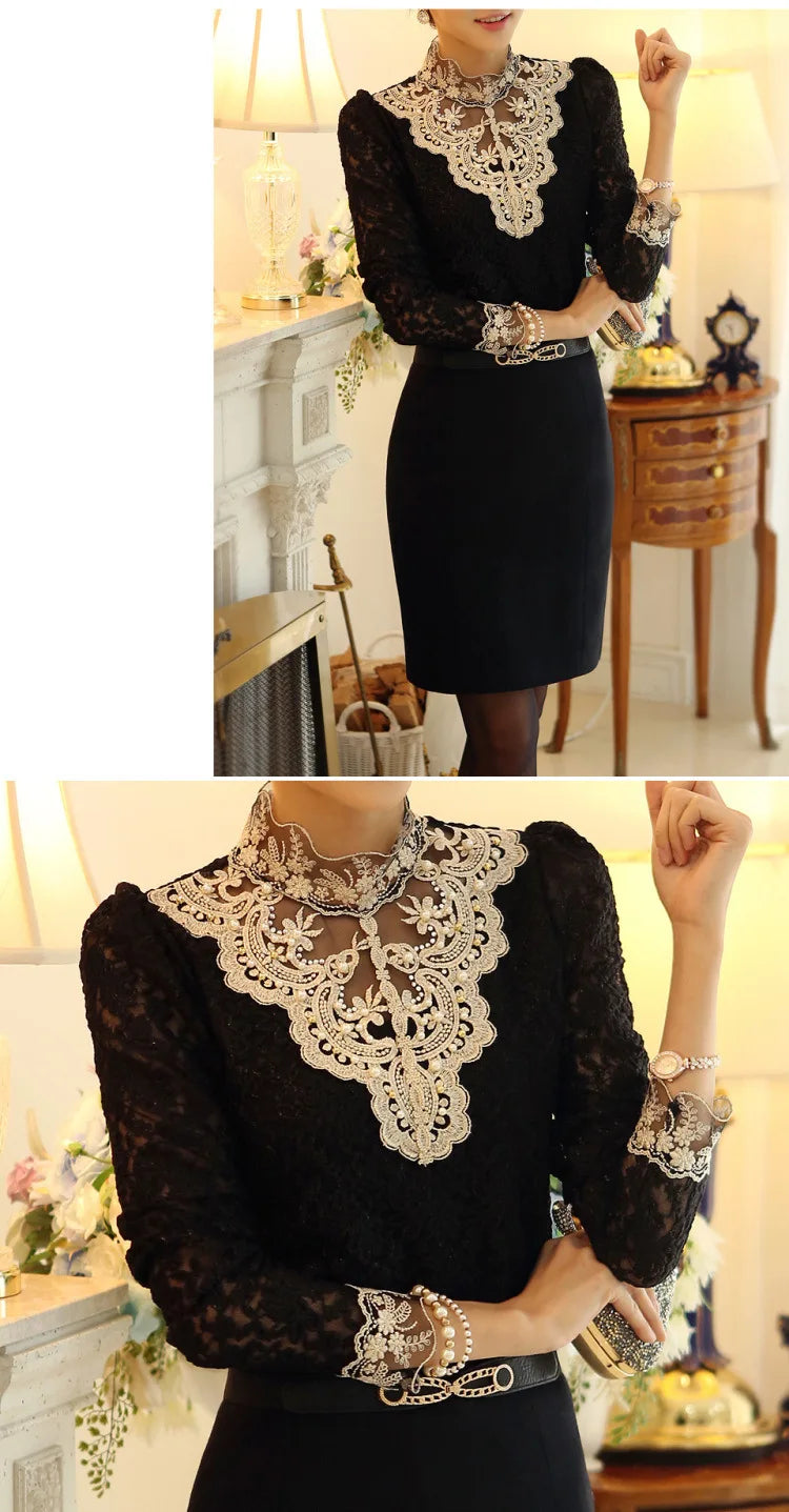 Women T Shirts Vintage Spring Winter Tees Autumn Lace Beads Hole Sexy Tops Warm Blouse Top Casual Full Long Sleeve Shirt