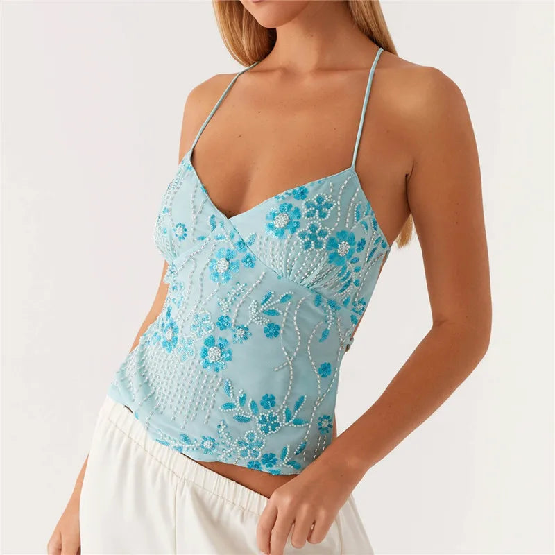 Summer Women Y2k Sequin Halter Crop Tops Pearl Embellished Cami Tops Summer Glitter V Neck Rhinestone Camisole Tank Shirt