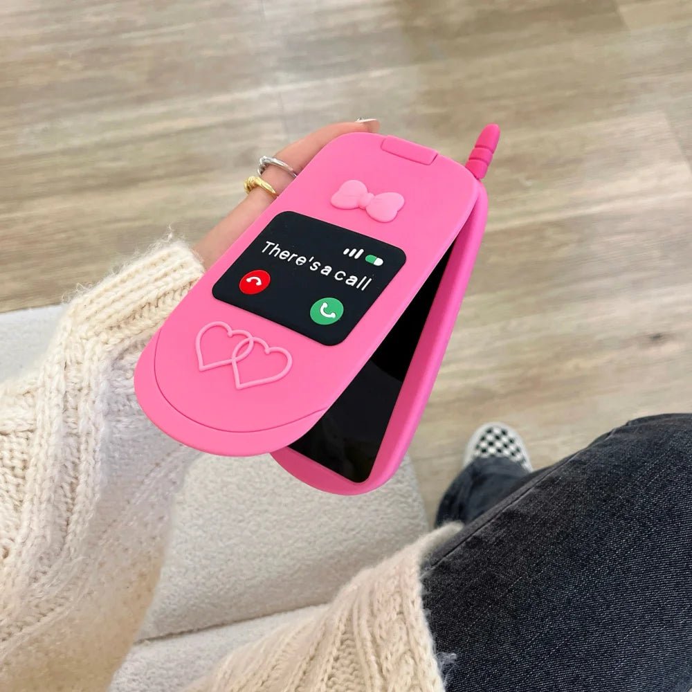 Cute 3D Hot Pink Bow Cellphone Model Flip Mirror Silicone Cases For iPhone 15 14 13 12 Pro Max 11 Shockproof Soft Cover Gifts