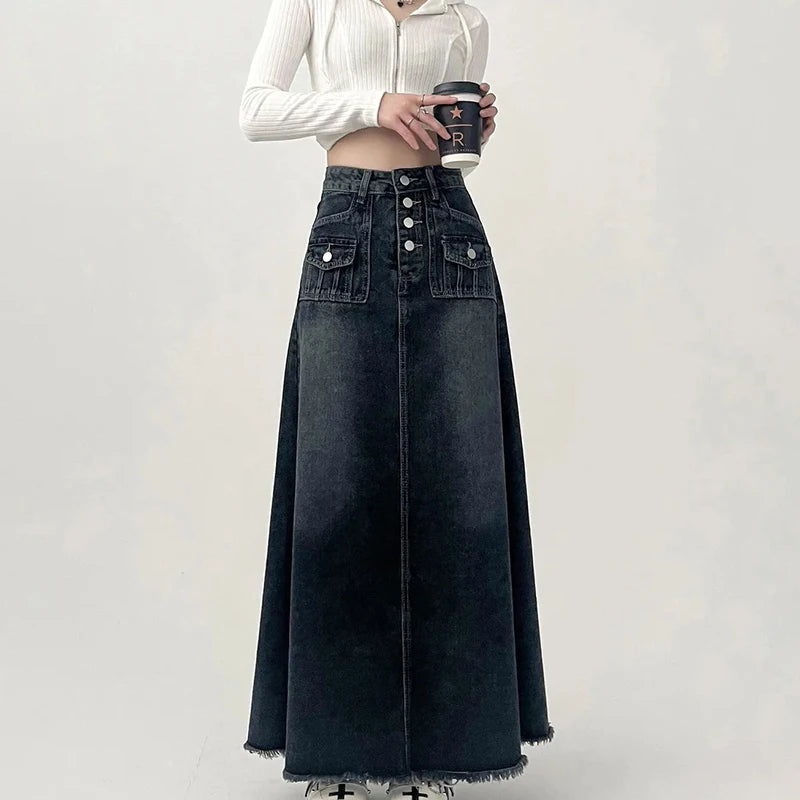 Vintage Denim Long Skirt for Women 2023 Spring Summer High Waist Button Raw Edge A-Line Skirt Female Harajuku Street Jean Skirts