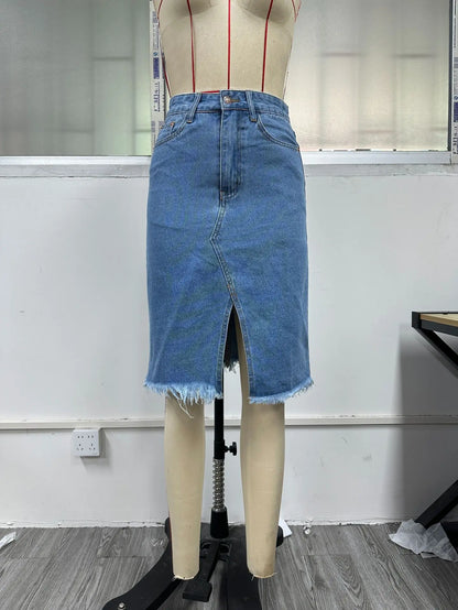 Fashion Midi Cotton Denim Skirt Women 2024 Casual Slim High Waist Asymmetrical Blue Jean Skirts Y2k Faldas Elegant