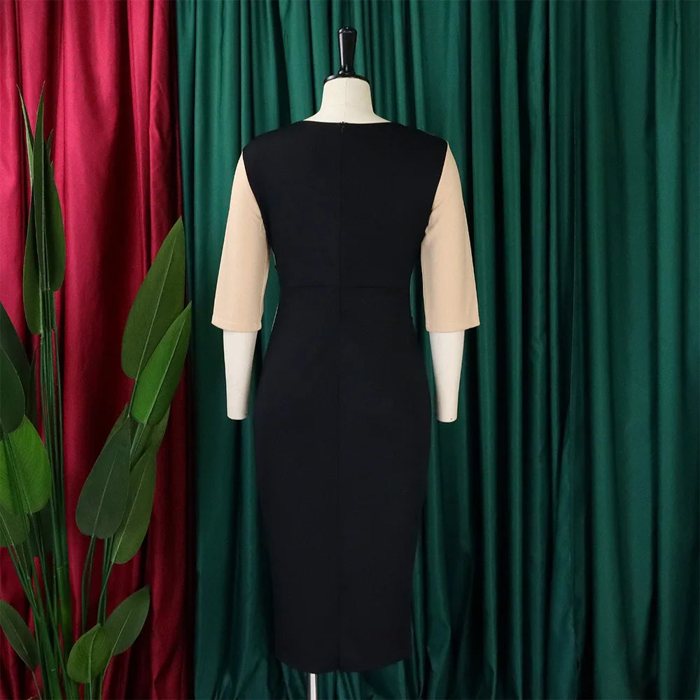 Elegant Church Dresses for Women 2023 New Arrivals Fashion Two Color Patchwork Fitted Ladies Knee Length Formal African Dress