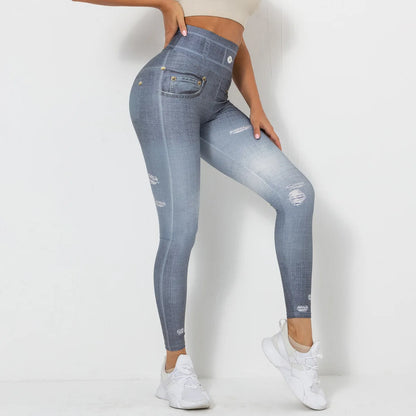Push Up Yoga Pants Women Fitness Leggings Imitation Jeans Patchwrok Scrunch Tights High Waist Leggings Gym Workout Sport Leggins