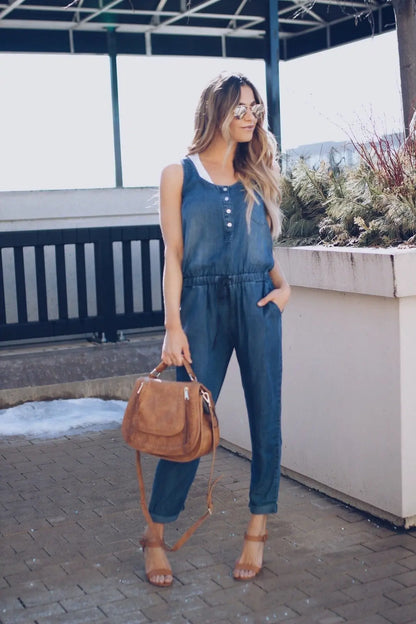 Women's Summer Jeans Jumpsuit V Neck Sleeveless Vest Waist Slim Fashion Drawstring Denim Long Jumpsuit Lady Vest