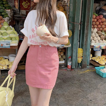 JMPRS Sweet Pink Women Denim Skirts High Waist Student A Line Korean Solid Mini Skirt Causal Summer Vintage Ladies Jeans Skirt