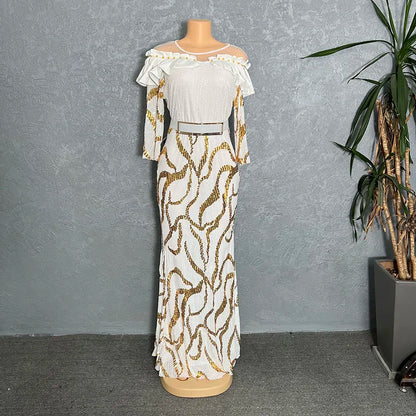 African Dresses For Women 2022 Lady Elegant Glittering Evening Dress Sparkle Sequin Sexy Sheath Maxi Party Gowns Come With Belt