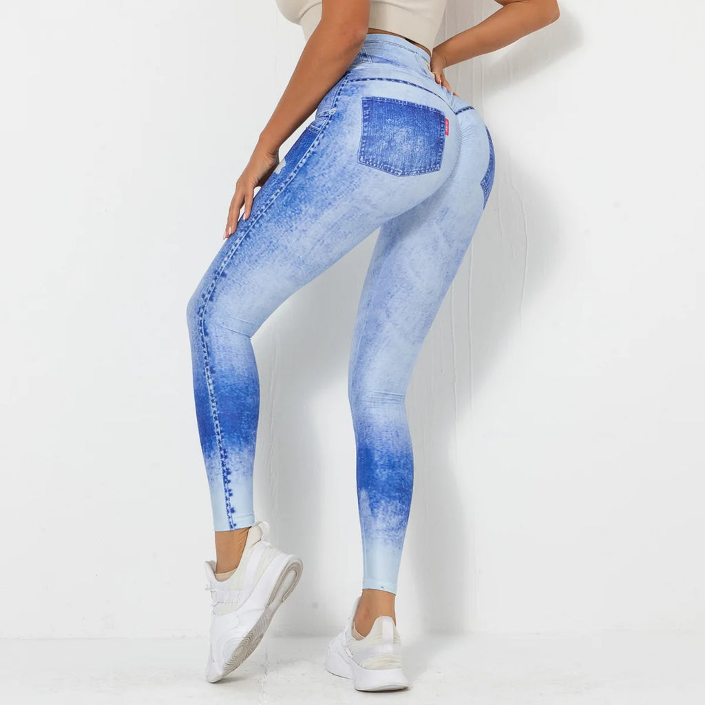 Push Up Yoga Pants Women Fitness Leggings Imitation Jeans Patchwrok Scrunch Tights High Waist Leggings Gym Workout Sport Leggins