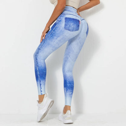 Push Up Yoga Pants Women Fitness Leggings Imitation Jeans Patchwrok Scrunch Tights High Waist Leggings Gym Workout Sport Leggins