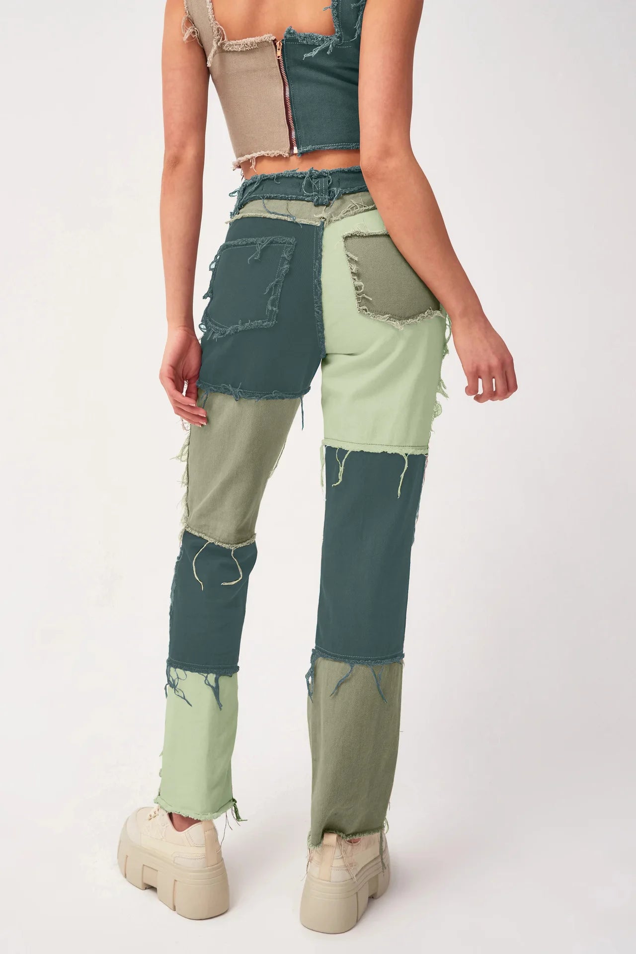 2025 Hot Sale Mixed Color Patchwork Jeans For Women Fashion High Stretch Denim Straight Pants Street Hipster Trousers XS-2XL