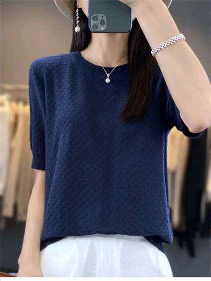 Women's T-shirt Summer 100% Cotton Sweater Short Sleeve Solid Color Round Neck Ladies Tops Loose Blouse Basic Pullover Tees