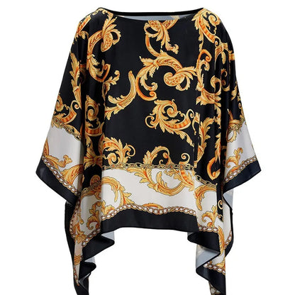 Tops Women Print Round Neck Bat Full Sleeve Top Loose Casual Regular Splice Tees Office Ladies Elegant T Shirts Spring 2024