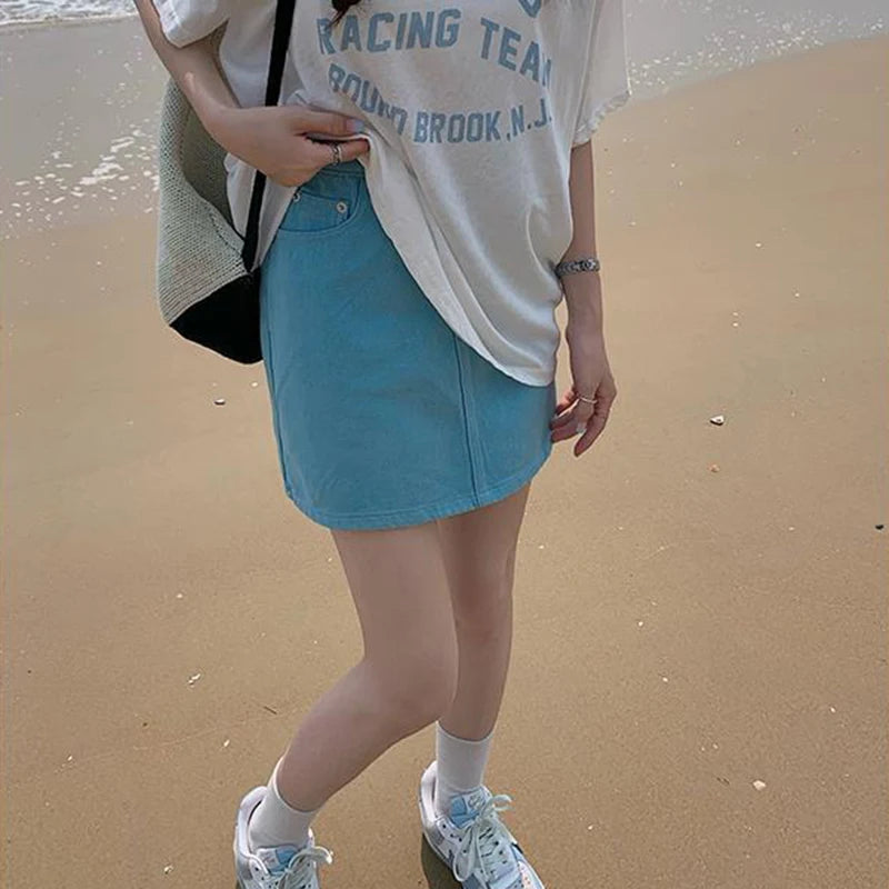 JMPRS Sweet Pink Women Denim Skirts High Waist Student A Line Korean Solid Mini Skirt Causal Summer Vintage Ladies Jeans Skirt