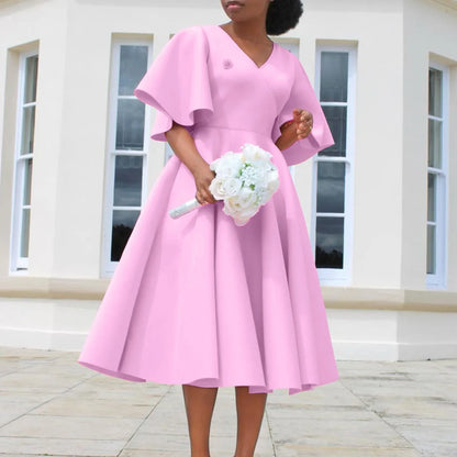 Dress Women Sexy Dresses White Round Neck Flare Sleeve Party Sheath Pleated High Waist Work Elegant Bodycon Mid Length Vestidos