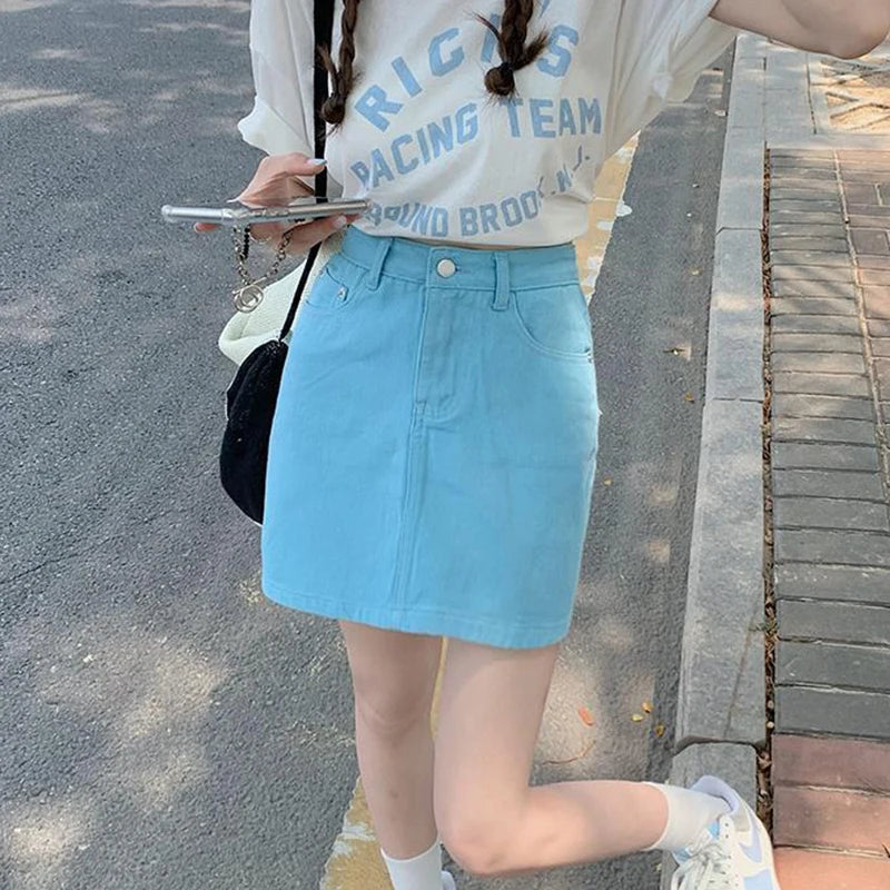 JMPRS Sweet Pink Women Denim Skirts High Waist Student A Line Korean Solid Mini Skirt Causal Summer Vintage Ladies Jeans Skirt