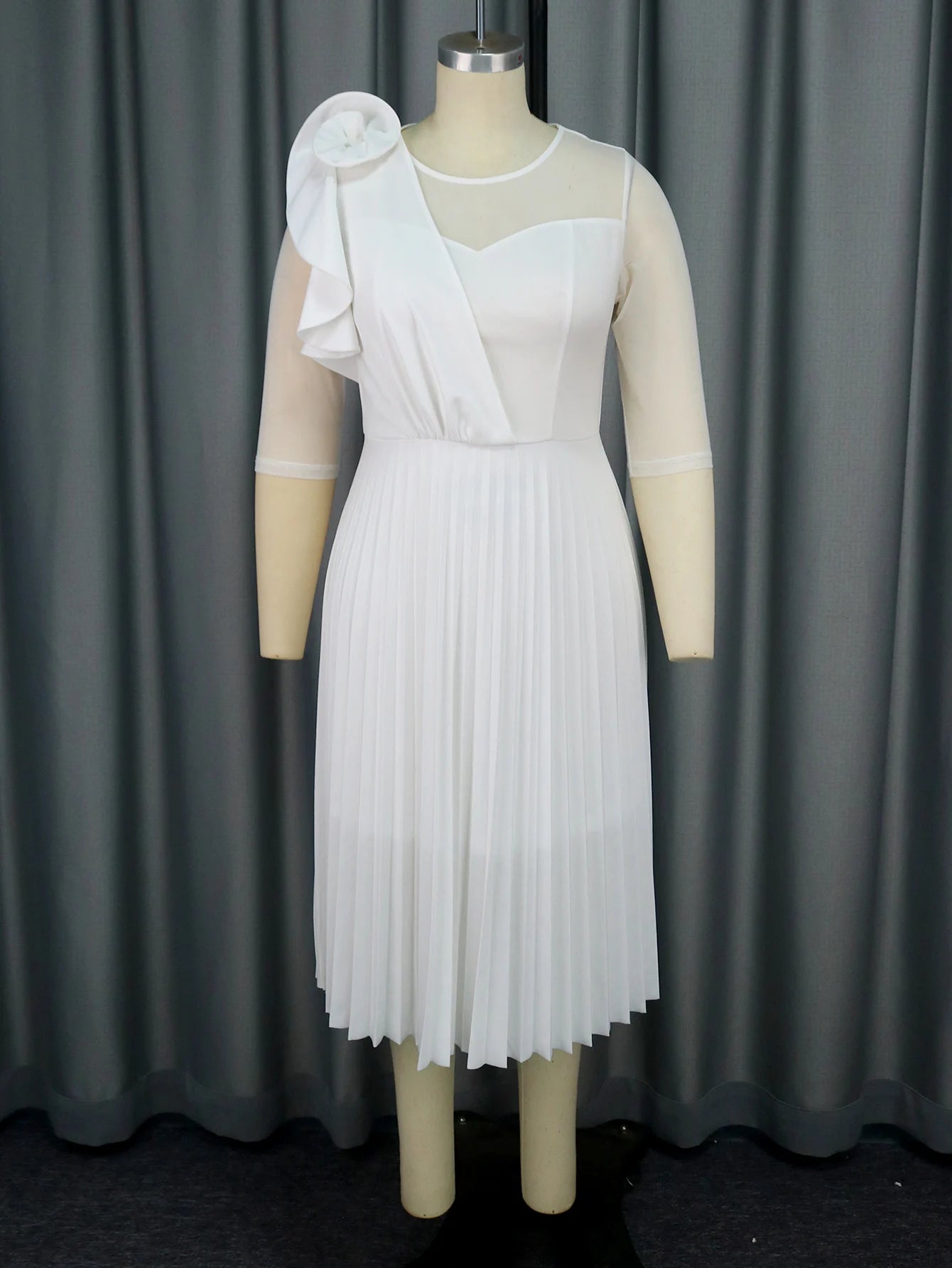 Elegant White Dresses for Women Pleated Ruffles Flower Tulle Sleeves Patchwork Classy Occasion African Wedding Guest Birthday