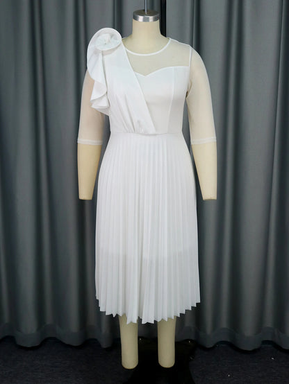 Elegant White Dresses for Women Pleated Ruffles Flower Tulle Sleeves Patchwork Classy Occasion African Wedding Guest Birthday