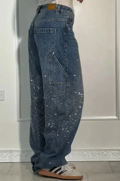 New Women Casual Hot Drilling Jeans Autumn Winter Cowboy Trousers High Waist Button Pockets Fashion Female Loose Straight Pants