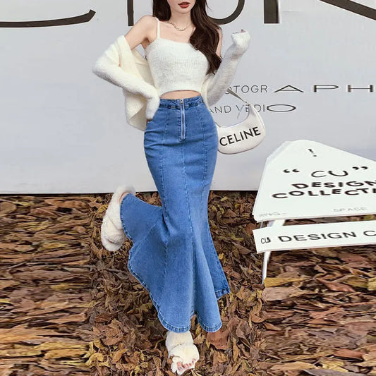 Long Denim Skirt for Women High Waist Autumn Blue Slim Jean Fishtail Skirt Korean Fashion Skinny Solid Elastic Slit Skirt Women